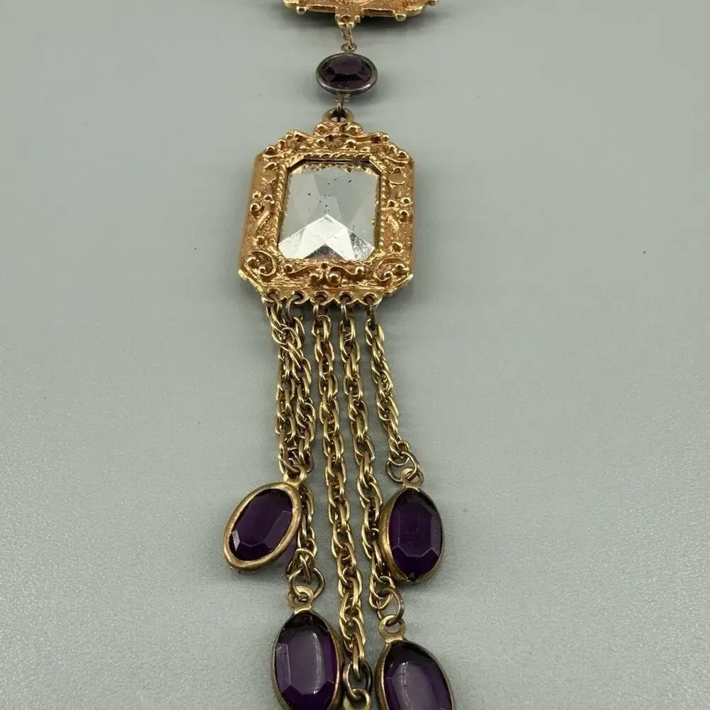 Vintage Purple Faux Gem Brooch Gold Tone Victorian Revival Purple Tassel Dangle